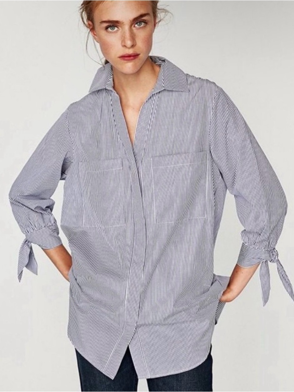 Striped Button-Front Preppy Tunic Shirt in Blue & White 3/4 Tie Sleeves XS